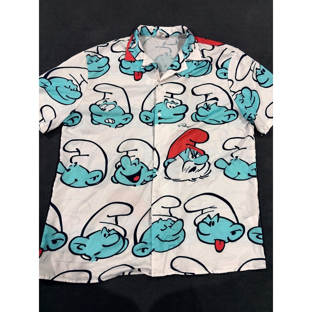 The Smurfs From Shein Shirt Mens 2XL White Characters Allover Print Camp Collar